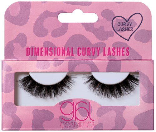 Packaging with pink and purple animal print, contains false eyelashes called 'Dimensional Curvy Lashes' by GL Cosmetics.