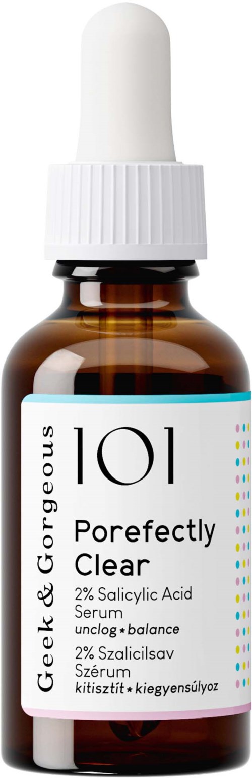 En liten brun glasskopp med hvit pipettehette, merket "101 Gorgeous Porefectly Clear" serum for huden.