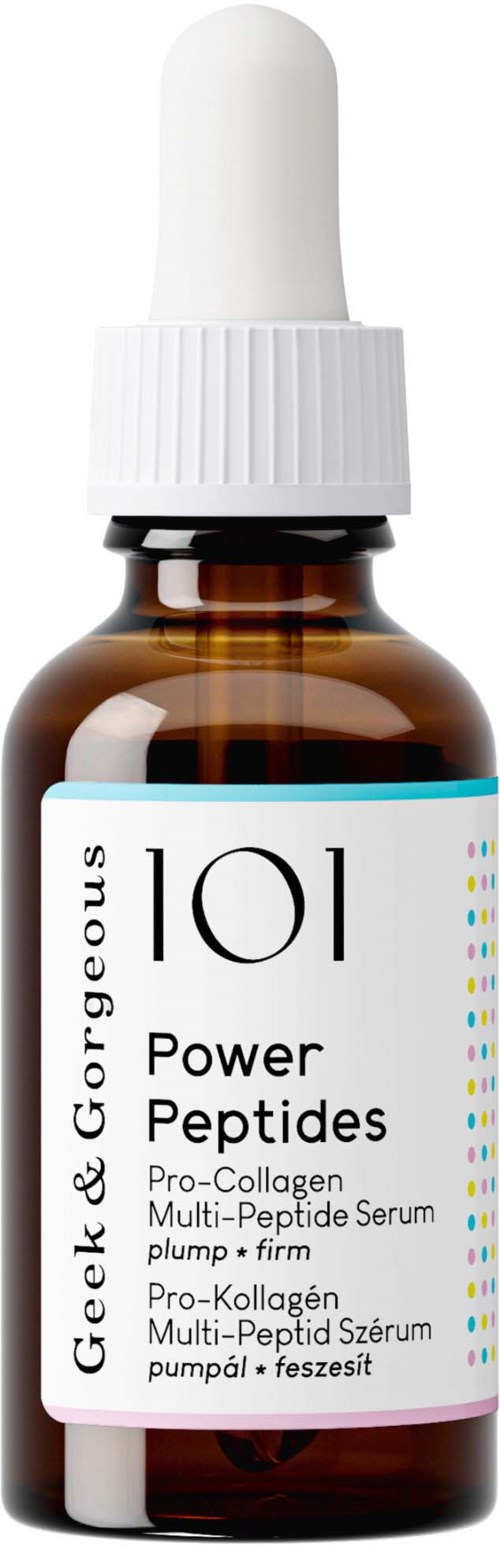 En brunt glasflaska med vit pipettkork och en etikett som visar "101" och ingredienser för hudserum.