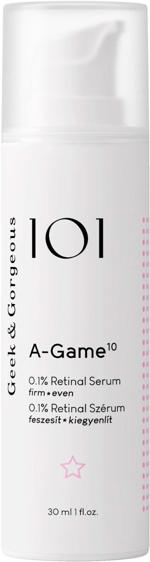 Valkoinen pullo mustalla tekstillä, sisältää 30 ml seerumia nimeltä A-Game 10.