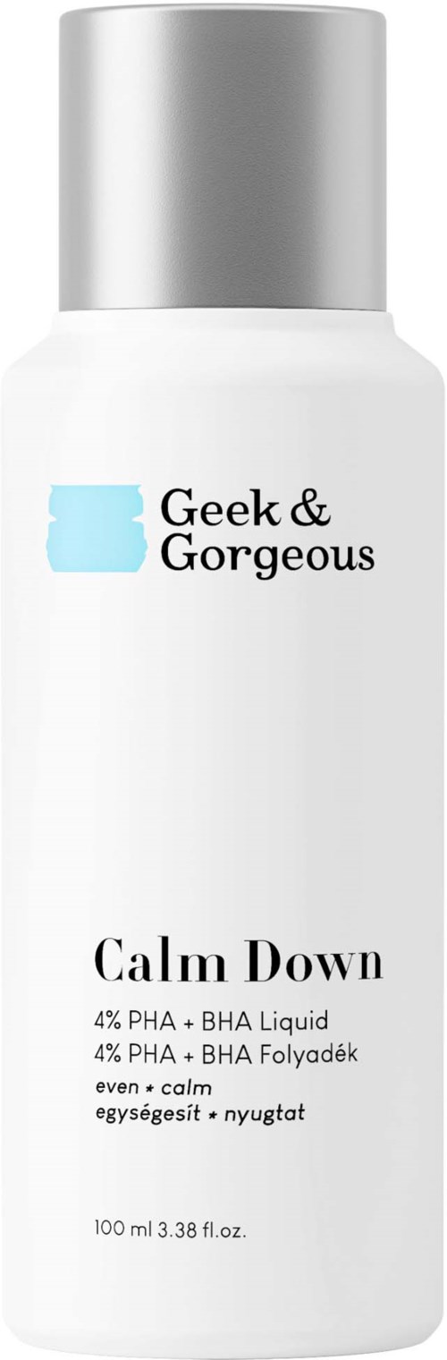 A white bottle with silver cap labeled 'Geek & Gorgeous' and 'Calm Down' for skincare.