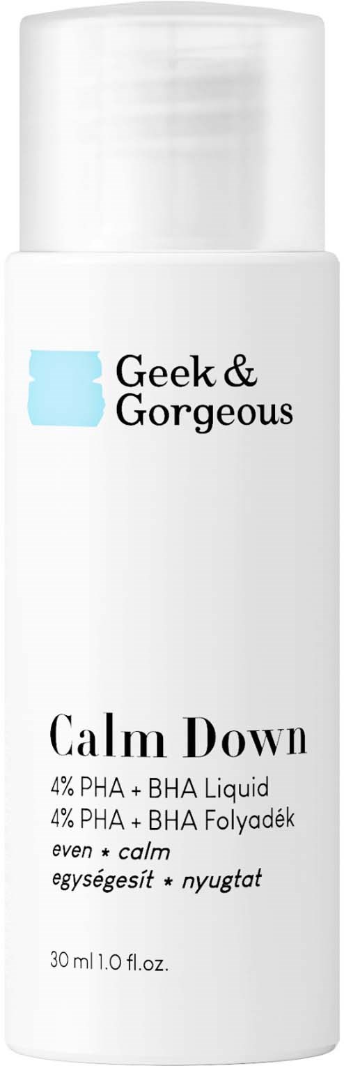 A white bottle with a blue square logo and black text. The label says "Geek & Gorgeous Calm Down."