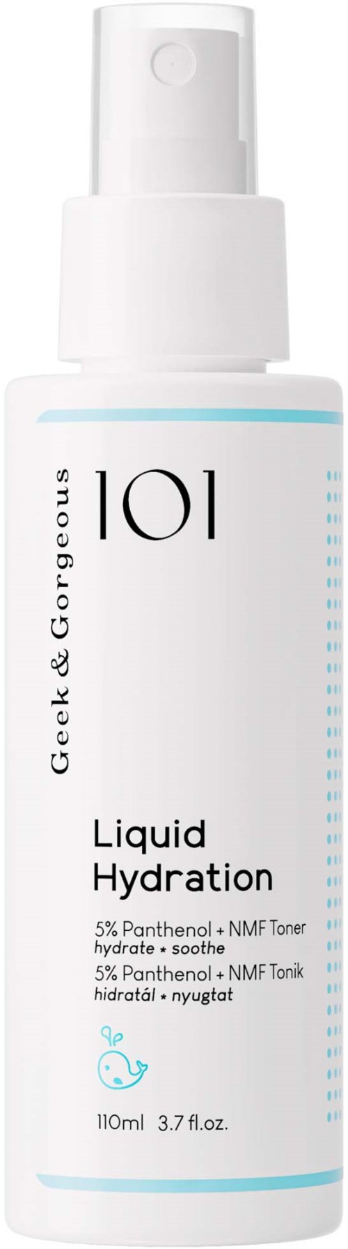 En vit flaska med pump märkt 'Geek & Gorgeous Liquide Hydration' för hudfuktning, 110 ml.