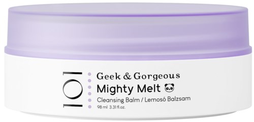 En vit burk med lila lock visar en hudvårdsprodukt som heter Mighty Melt, en rengöringsbalm för ansiktet.
