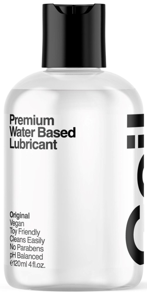 A white bottle labeled 'Premium Water Based Lubricant' with details about its features.