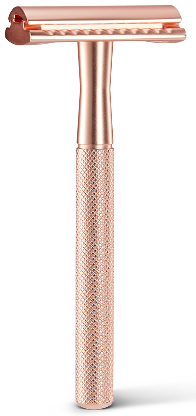 En rakhyvel i roséguld med ett texturerat handtag och ett lockat blad.