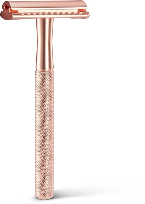 A rose gold safety razor with a textured handle and a double blade head.