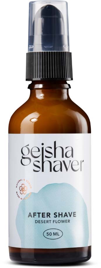 Pieni ruskea pullo suihkulla, label with 'Geisha Shaver After Shave Desert Flower 50 ML.'