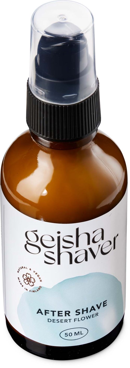 Ruskea pullo, jossa musta suihkukansi, etiketti 'Geisha Shaver After Shave Desert Flower,' 50 ml.