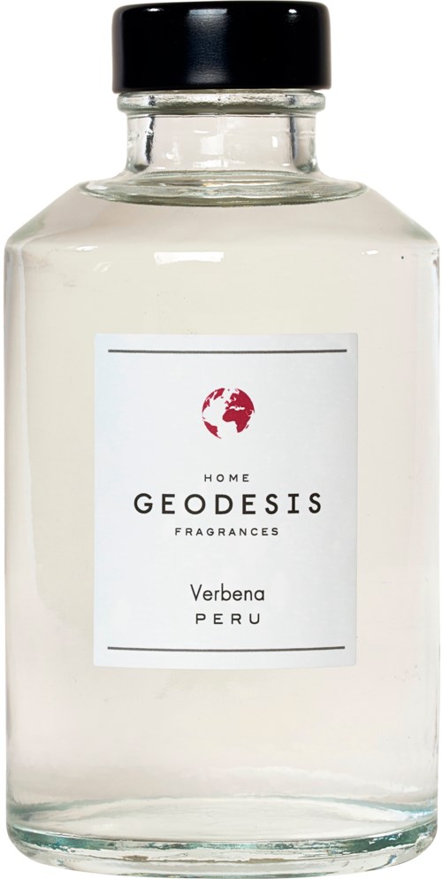Tydlig glassflaska med svart lock, etiketten säger "Geodesis" och "Verbena Peru".