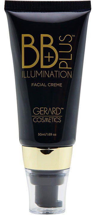 En svart tub med gul och vit text, märkt BB Plus Illumination Facial Creme av Gerard Cosmetics.