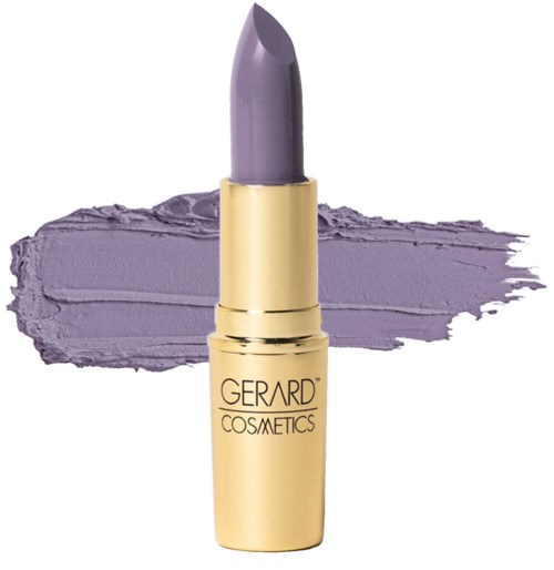 En lila läppstift med gult fodral, placerad på en lila bakgrund. Märket är Gerard Cosmetics.