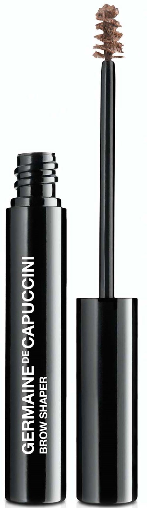 Een zwarte mascara-tube met een applicator en een label dat zegt "GERMAINE DE CAPUCCINI BROW SHAPER."
