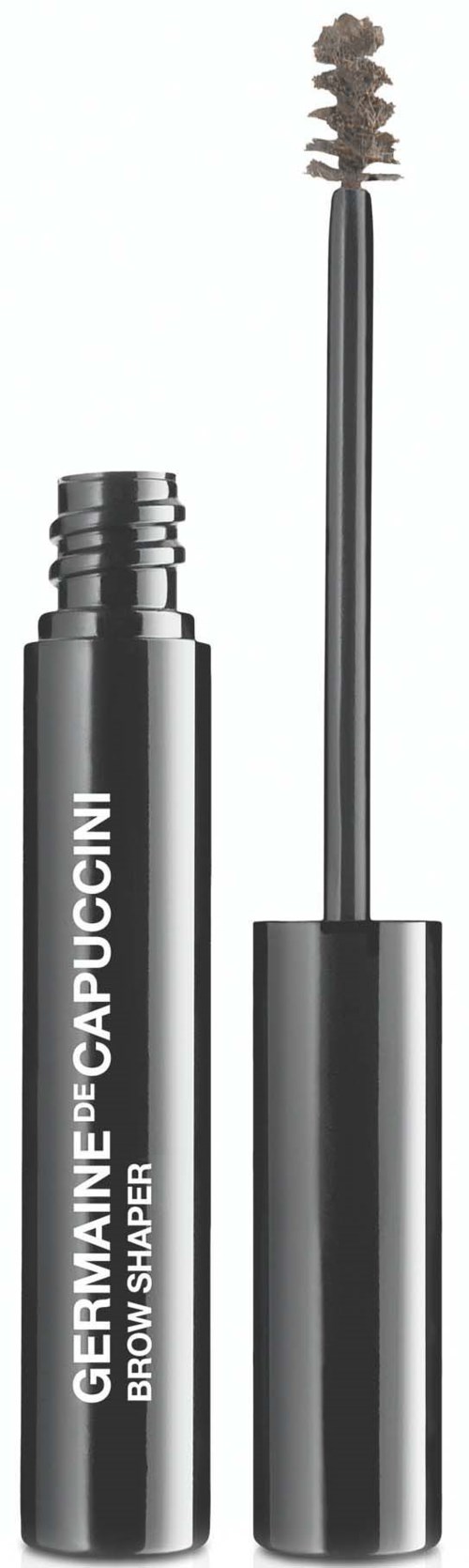 Een zwarte tube wenkbrauwvormer met een borstel en witte tekst die zegt "GERMAIN DE CAPUCCINI BROW SHAPER."
