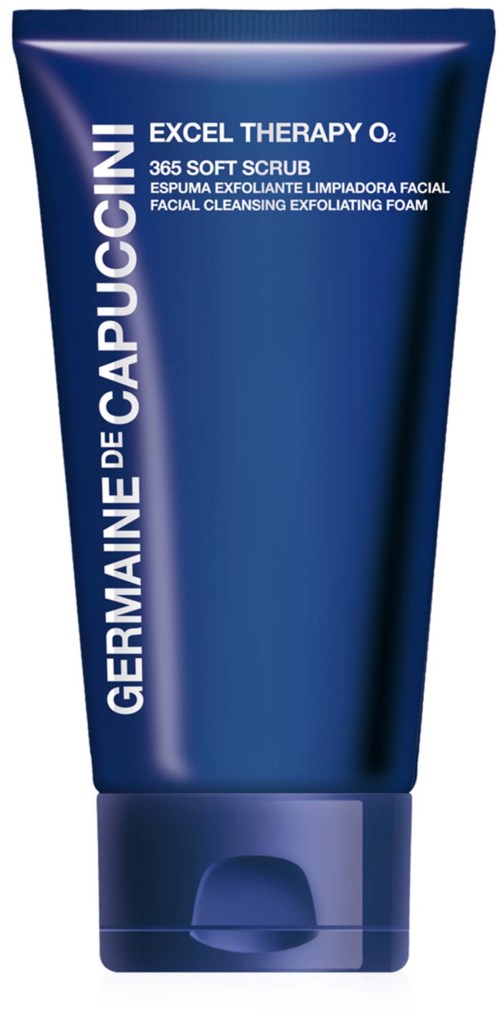 A blue tube with white text advertising a facial cleansing exfoliating foam product.