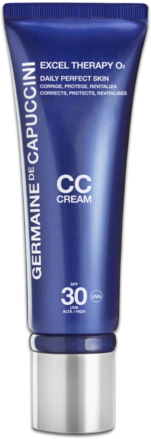 A blue tube of CC cream with SPF 30 from Germaine de Capuccini, labeled for daily skin protection and correction.