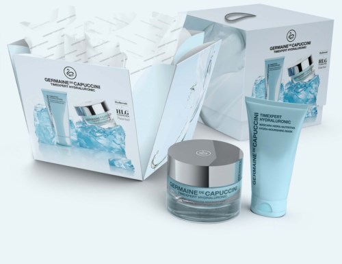 Skincare set with cream and gel in a box, mostly blue and white, labeled Germain de Capuccini, Hydrating Hyaluronic.