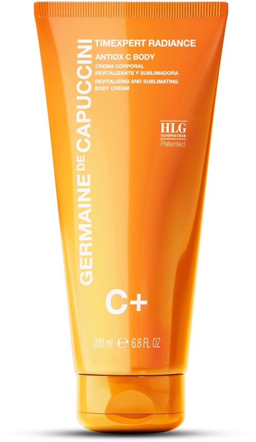Jasnopomarańczowa tubka kremu do ciała z białym i żółtym tekstem, oznaczona jako Germaine de Capuccini TimeExpert Radiance.