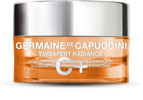 Oranssi lasipurkki hopeisella kannella, Merkin Germaine de Capuccini ja Timexpert Radiance.