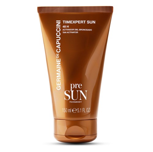 En brun tube solkrem merket 'pre SUN' med detaljer om solbeskyttelse og merke.
