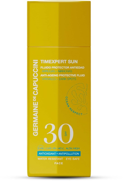 Gul solkremflaske med SPF 30, anti-aldring, vannavvisende, øye-sikker og antioxidant egenskaper.