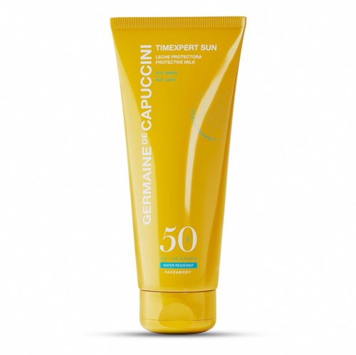 Gul tube solkrem med SPF 50 og beskyttende melk, for ansikt og kropp.