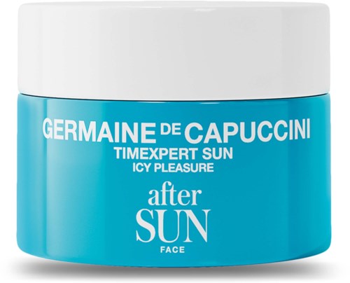 Blå krukke med hvit lokk; merket Germaine de Capuccini, After Sun Face krem, for solbeskyttelse eller after sun-pleie.