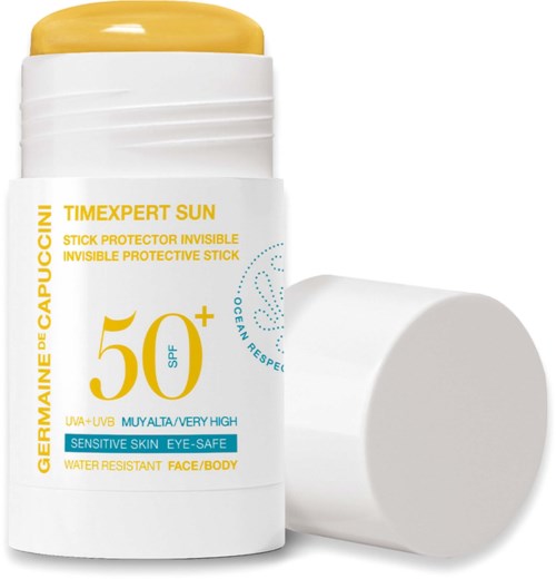 Biało-żółsty kształtka ochronna z SPF 50+, etykieta podkreśla ochronę UV, wodoodporna, dla wrażliwej skóry twarzy i ciała.