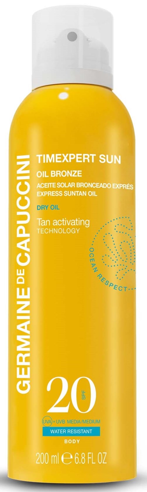 Gul sprayflaske med solbeskyttelseskrem med SPF 20, merket som oljebasert, for soling og hudvern.