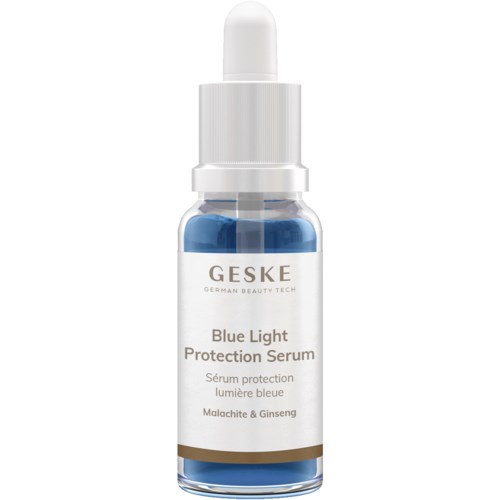 Pieni pullo sinistä seerumia ja pipetillä, merkitty 'Blue Light Protection Serum' ihonhoitoon.