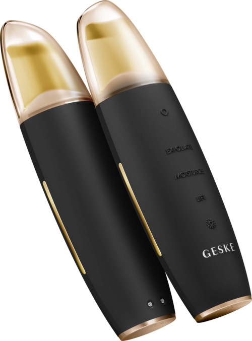 Två svarta och guld vape-pennor placerade sida vid sida med kontrollknappar och märket 'GESKE'.