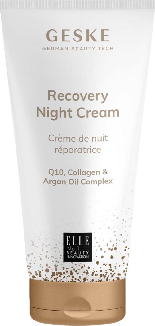 A white tube with beige and gold accents for Geske Recovery Night Cream, containing labels highlighting ingredients like Q10, Collagen, and Argan Oil.