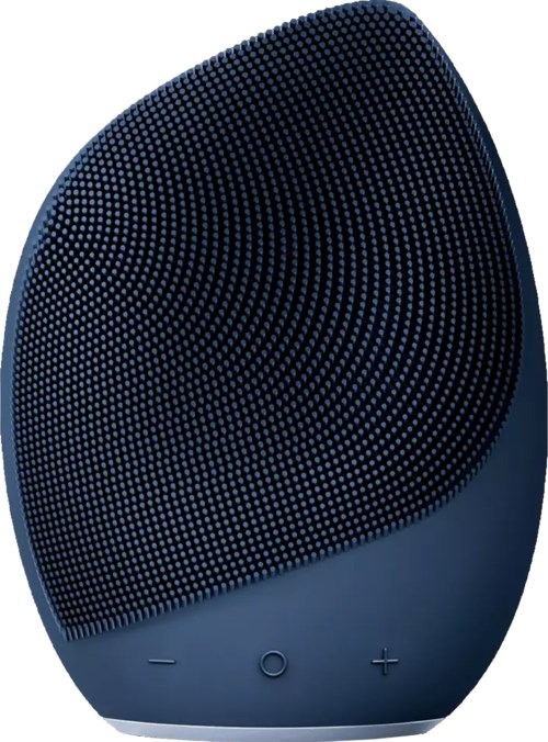 A modern, rounded speaker with a dotted front surface and control buttons at the bottom.