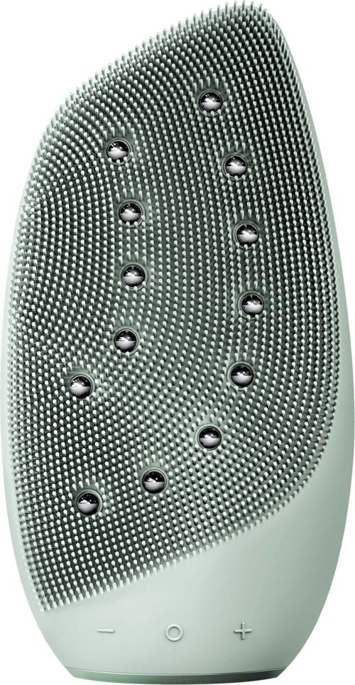 A small, white, oval-shaped device with a textured surface and multiple small holes. It has plus and minus buttons.