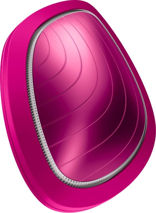 Pinkki, pyöreä esine, jossa on vetoketju ja kiiltävä pinta, muistuttaa tyylikästä rasiaa tai säilöä.