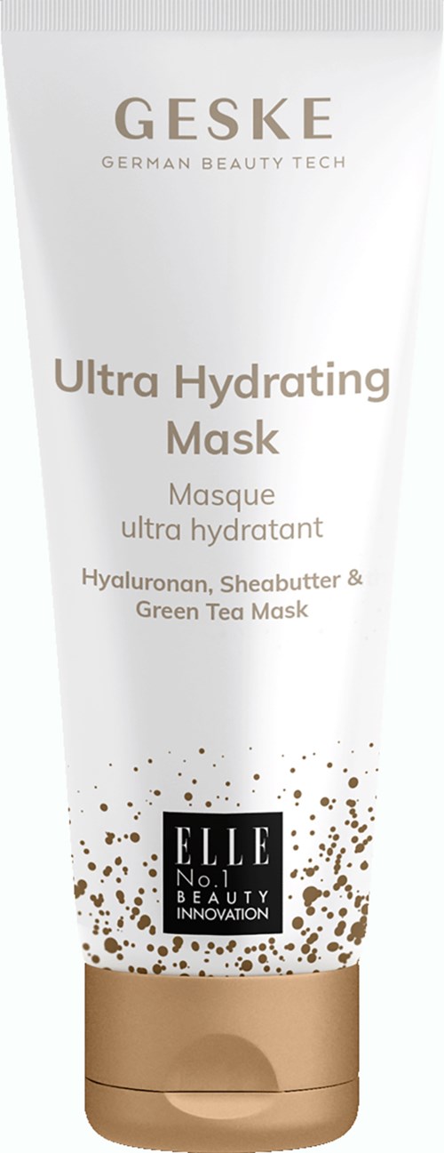 Putki Geske Ultra Hydrating Mask -tuotetta, jossa on kultaisia pisteitä, sisältää hyaluronihappoa, sheavoi ja vihreää teetä iholle.