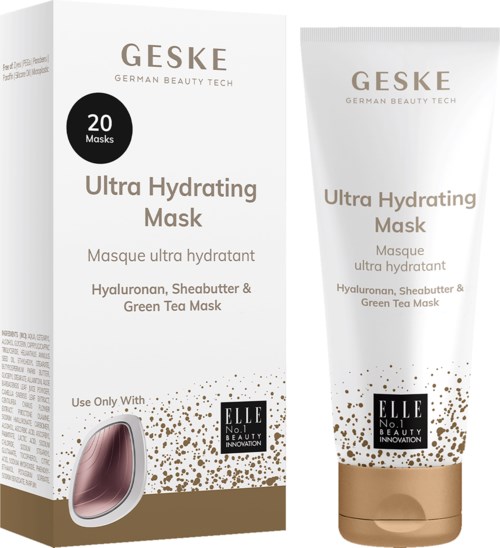 Säilytyslaatikko ja tuubi Geske Ultra Hydrating Mask -kasvoille, sisältää 20 naamiota, hyaluronihappoa, sheavoi ja vihreää teetä.