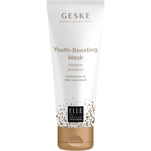 Valkoinen putkilopakkaus, jossa on kultaisia pisteitä alhaalla, merkitty Geske Youth-Boosting Mask käyttäen hyaluronihappoa ja aloe veraa.