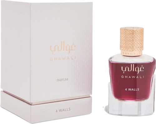 A perfume bottle and box with pink and white colors, featuring the Ghawali brand and 4 Walls scent.