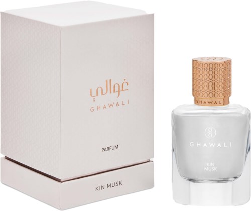 A perfume bottle and box; both are white and pink with the brand name Ghawali and scent Kin Musk.
