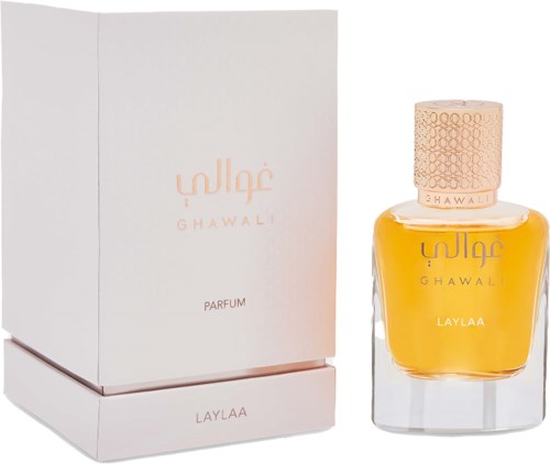 A perfume bottle with a white box, yellow liquid, and a textured pink cap, labeled Ghawali and Laylaa.