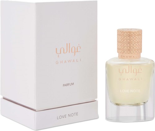 A perfume bottle and box labeled Ghawali Love Note, with a peach-colored cap and Arabic writing.