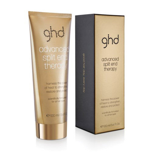 Goldfarbige Tube und schwarzer Karton, beide mit 'advanced split end therapy' beschriftet, mit kleinem Text zur Beschreibung des Zwecks.