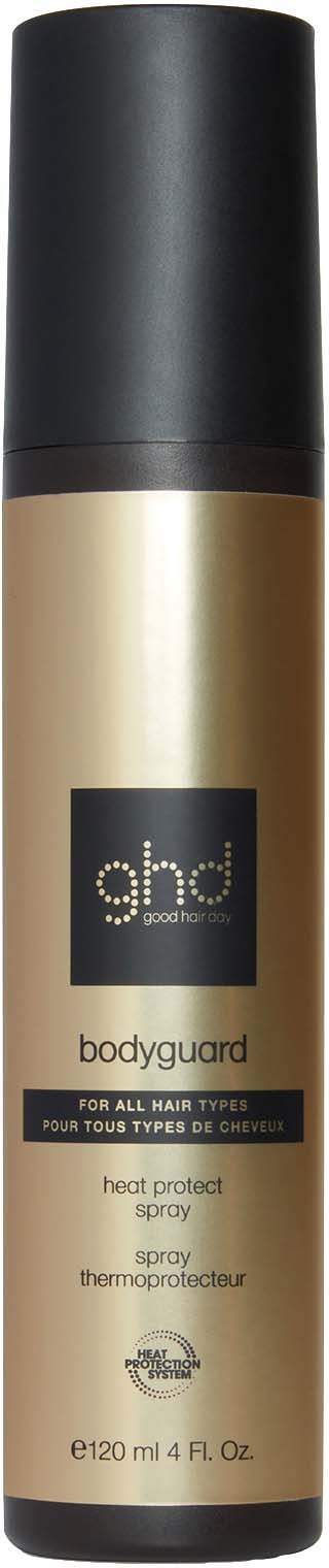 Gullfarget hår sprayspray med svart lokk, merket "ghd Bodyguard heat protect spray" for alle hårtyper.
