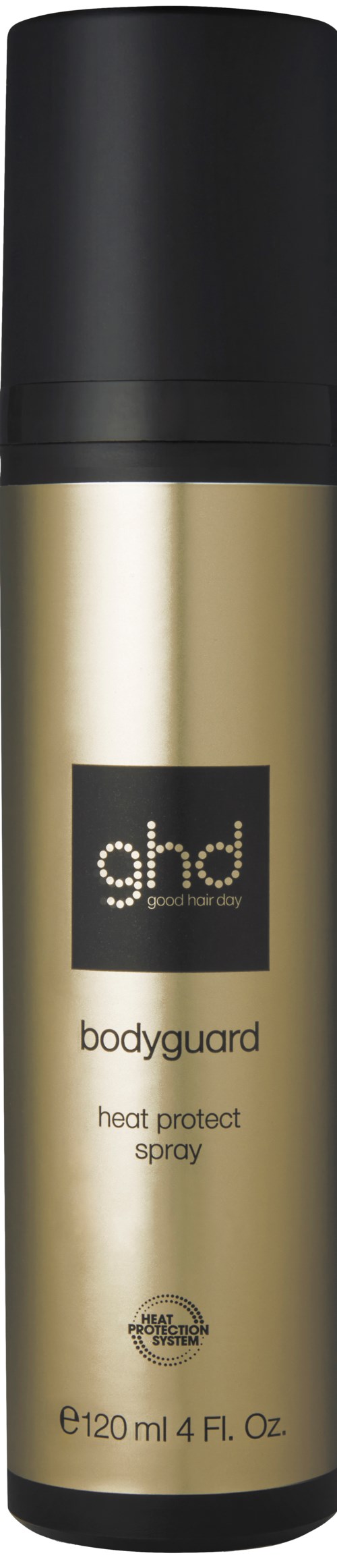 En gylden og sort sprayflaske mærket 'bodyguard heat protect spray' fra ghd.