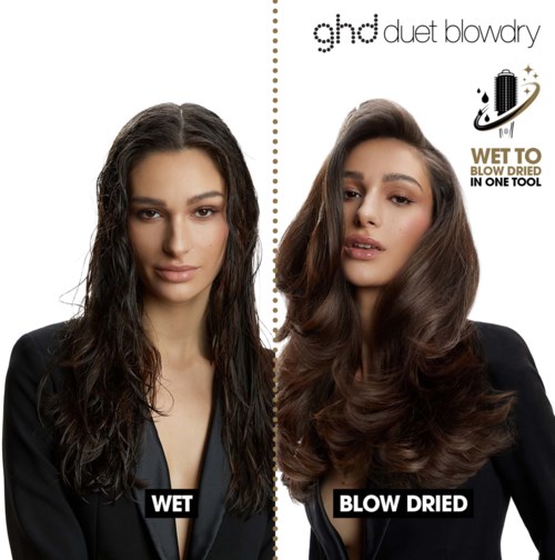 Left side shows wet hair; right shows blow-dried, shiny, styled hair.