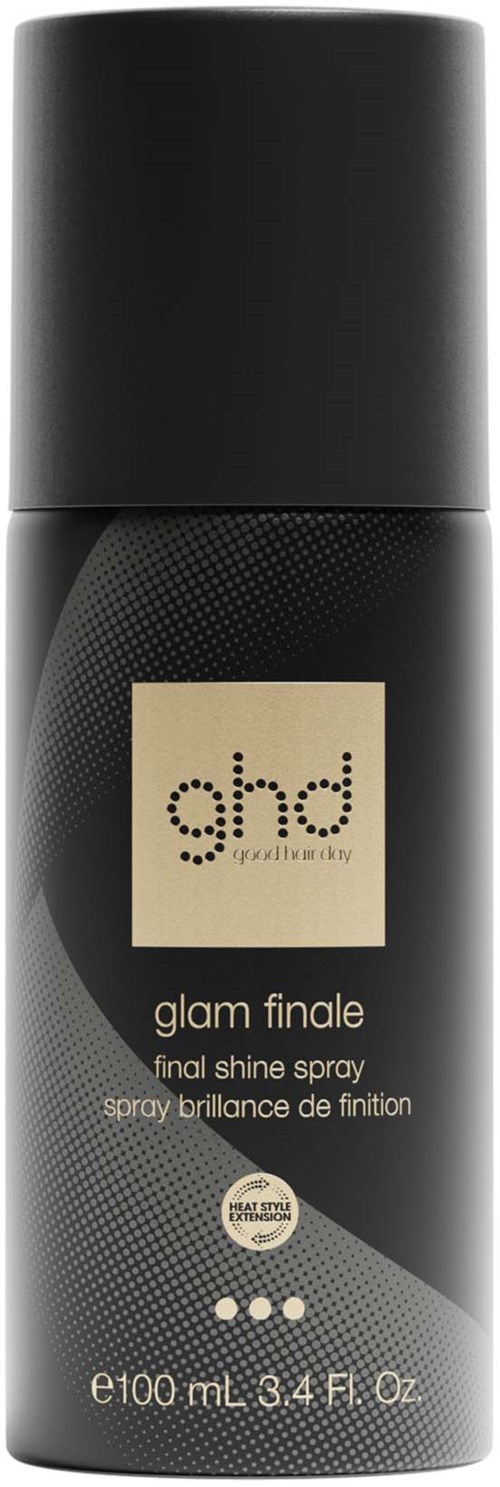 Eine schwarze Sprühflasche von ghd final shine spray mit beiger Beschriftung, angibt Produktname und Volumen von 100 ml.