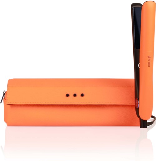 A hair straightener and an orange carrying case are shown. The straightener is black and orange, with a digital display.