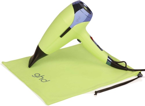 A handheld device with a nozzle, drying hot air, and a cloth underneath, used for drying hair.