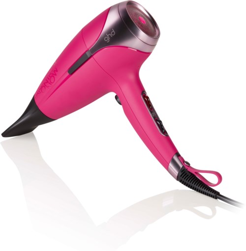 A pink and black hair dryer with buttons on the handle and a cord. It has a sleek design with a small loop for hanging.